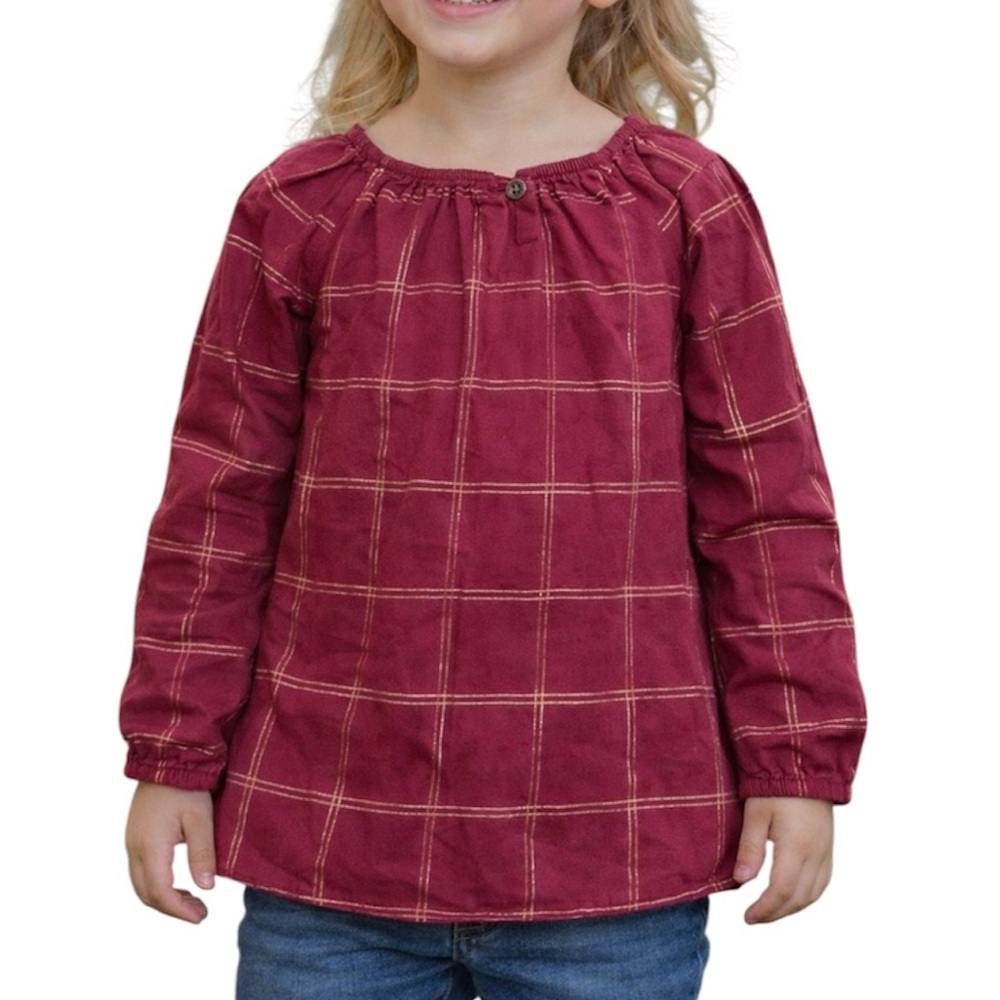 Carter’s kid maroon and gold glitter plaid blouse size 5